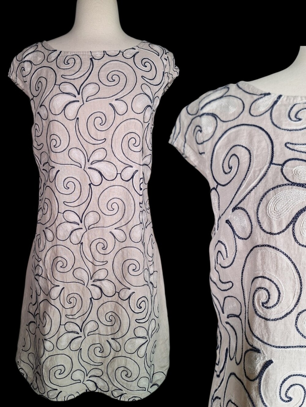 Lina Tomei 100% Linen Dress Floral Embroidered Beige Made in Italy Summer Travel